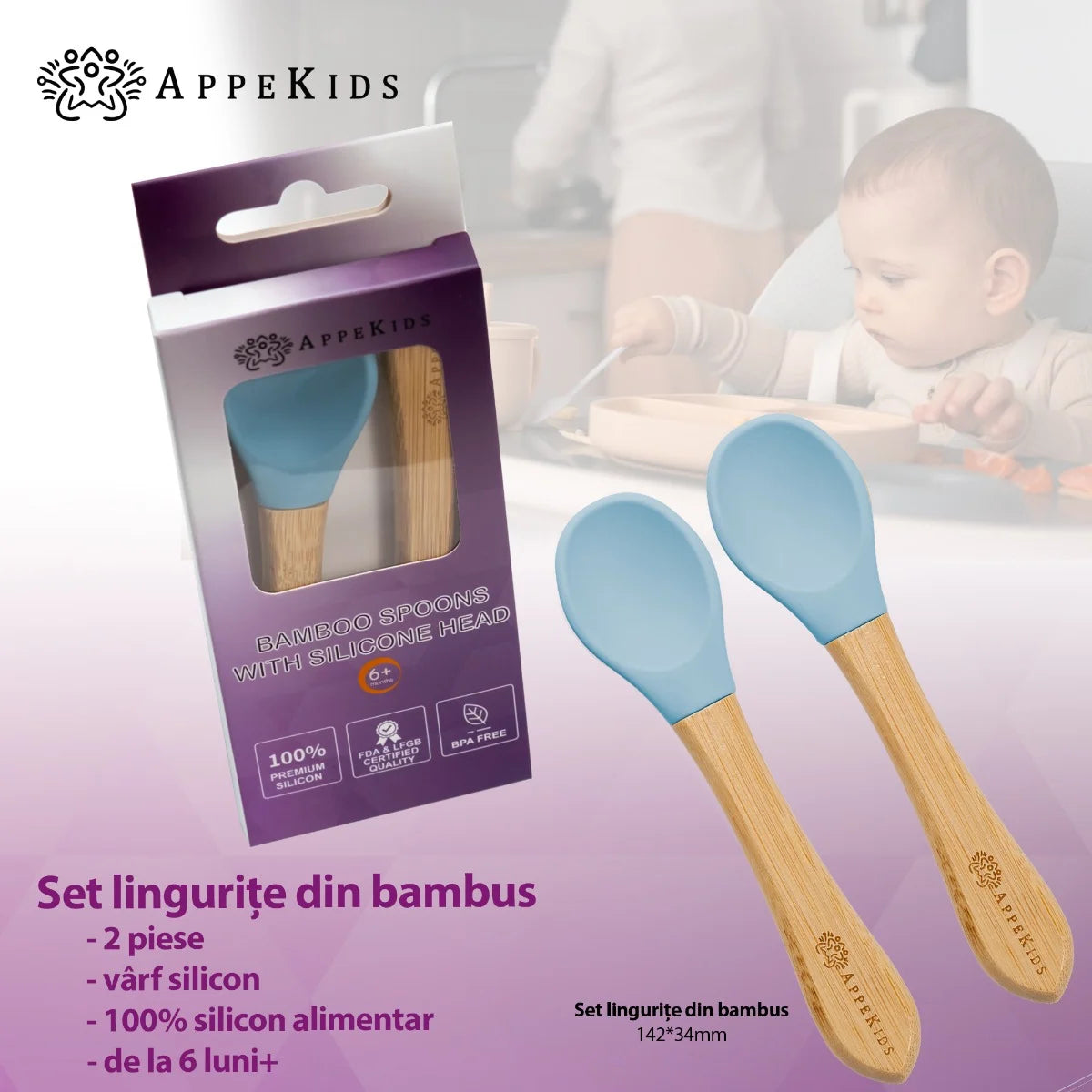 AppeKids set lingurite din bambus 6m+ Aqua Blue