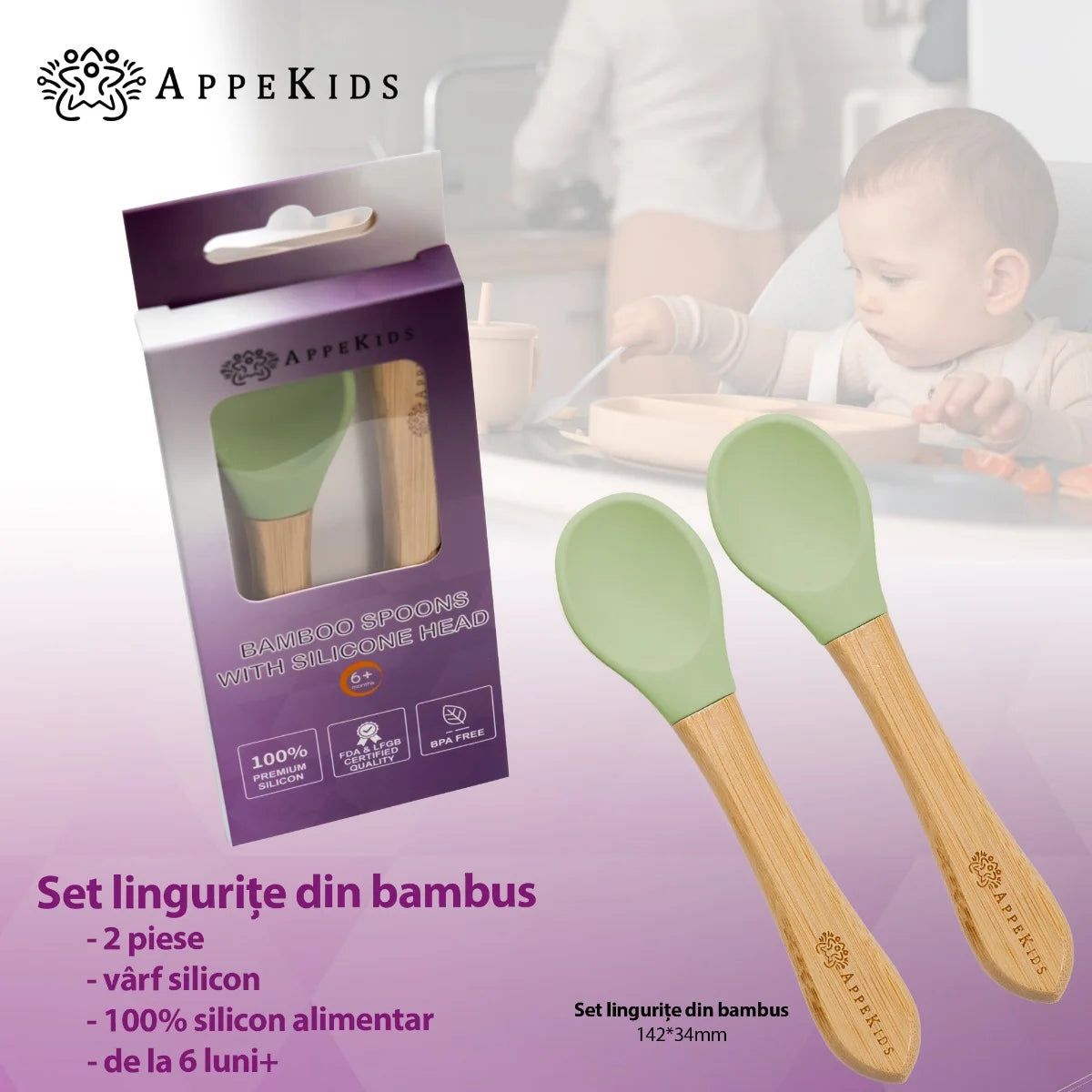 AppeKids set lingurite din bambus 6m+ Raw Green