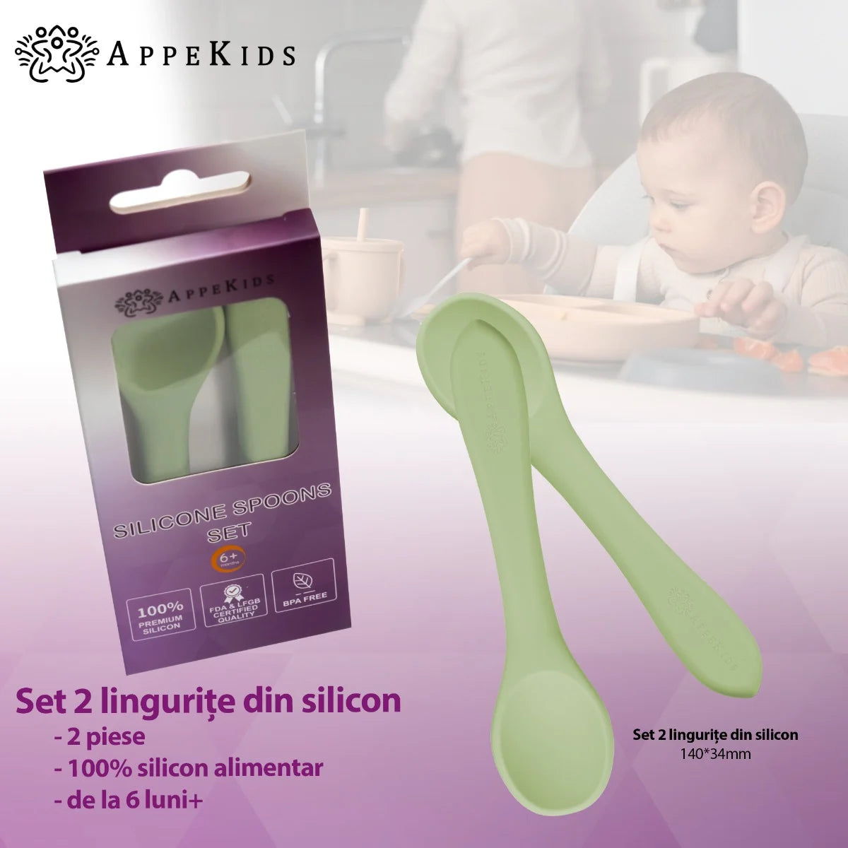 AppeKids set lingurite din silicon 6m+ Raw Green