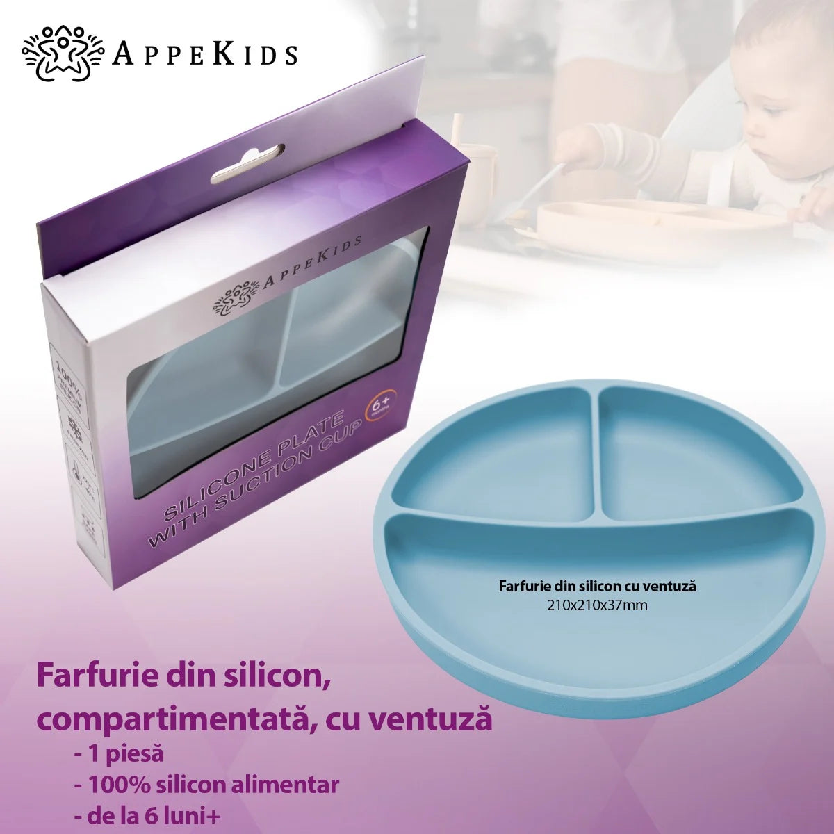 AppeKids farfurie silicon compartimentata cu ventuza 6m+ Aqua Blue