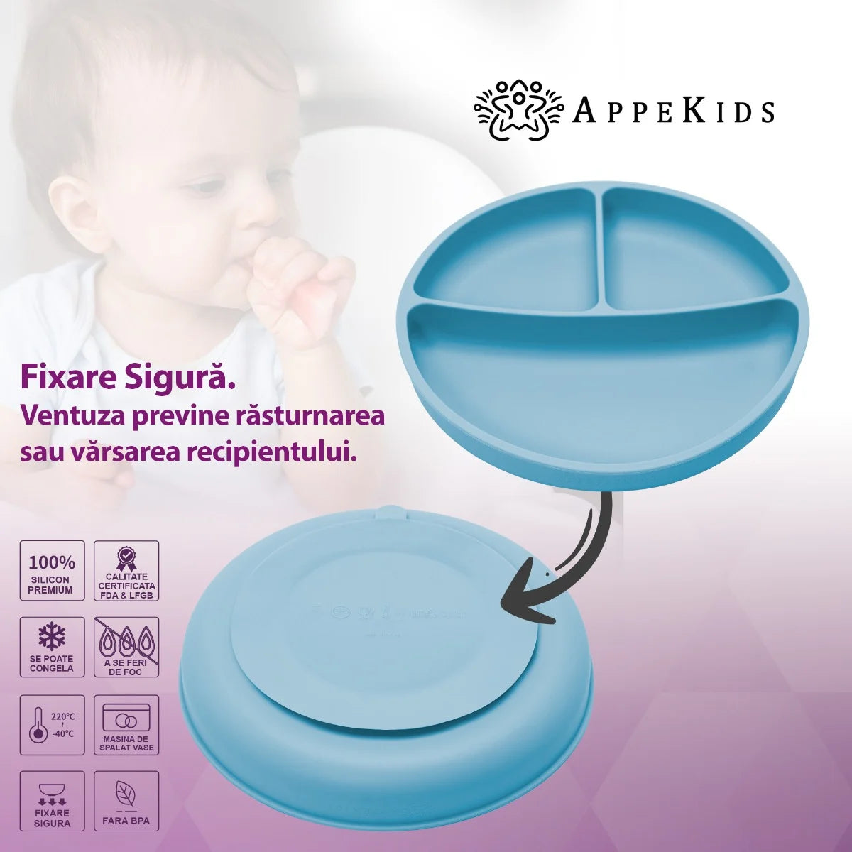 AppeKids farfurie silicon compartimentata cu ventuza 6m+ Aqua Blue
