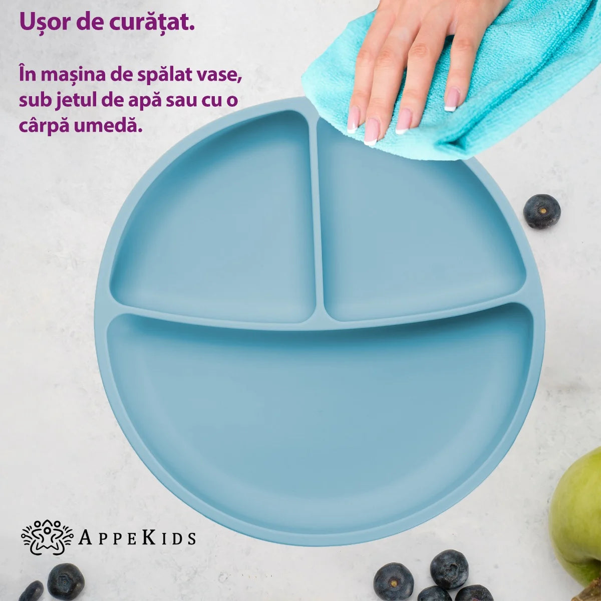 AppeKids farfurie silicon compartimentata cu ventuza 6m+ Aqua Blue
