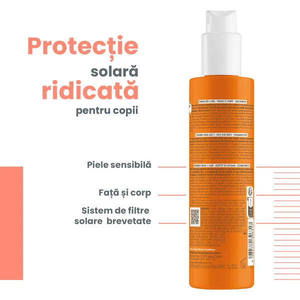 Avene spray protectie solara pentru copii rezistent la apa SPF 50+ 200 ml