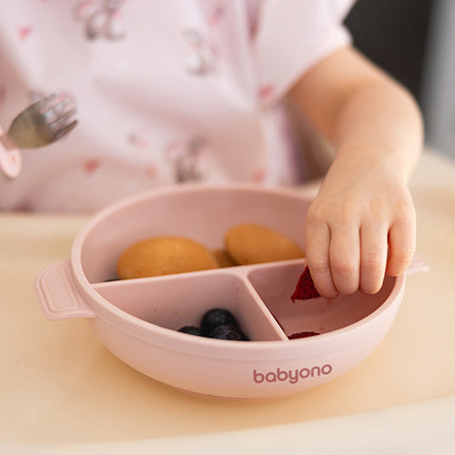 Baby Ono farfurie compartimentata cu ventuza si capac 6m+ Roz