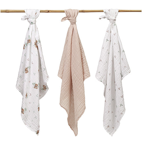 Baby Ono scutec textil din muselina 70x70 cm 3 buc Beige cu ursulet