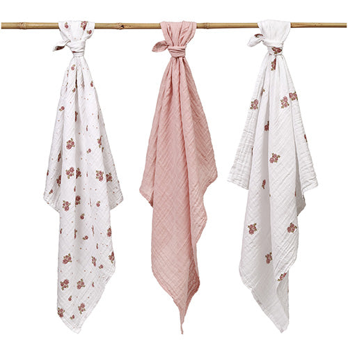 Baby Ono scutec textil din muselina 70x70 cm 3 buc Pudra cu trandafiri