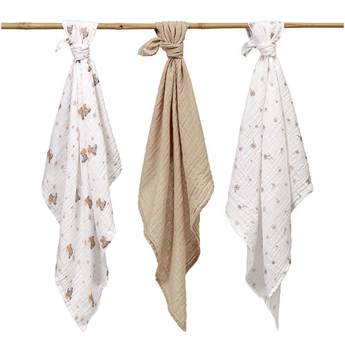 Baby Ono scutec textil din muselina 70x70 cm 3 buc Taupe cu ursulet in masinuta Imagine secundară a produsului