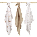 Baby Ono scutec textil din muselina 70x70 cm 3 buc Taupe cu ursulet in masinuta