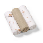 Baby Ono scutec textil din muselina 70x70 cm 3 buc Taupe cu ursulet in masinuta