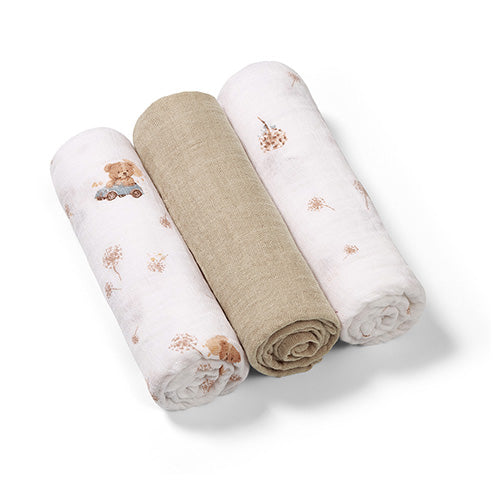 Baby Ono scutec textil din muselina 70x70 cm 3 buc Taupe cu ursulet in masinuta