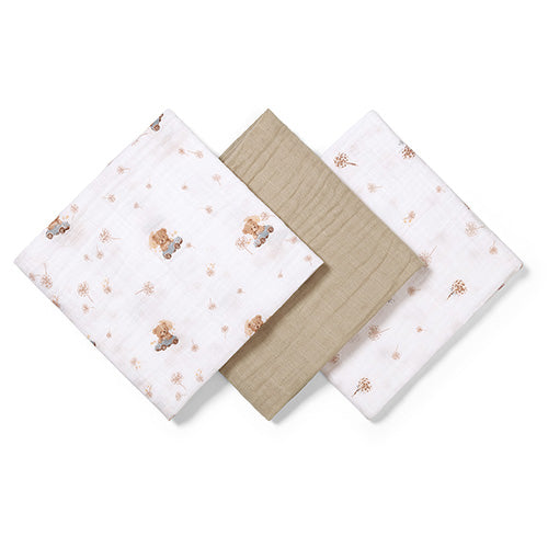 Baby Ono scutec textil din muselina 70x70 cm 3 buc Taupe cu ursulet in masinuta