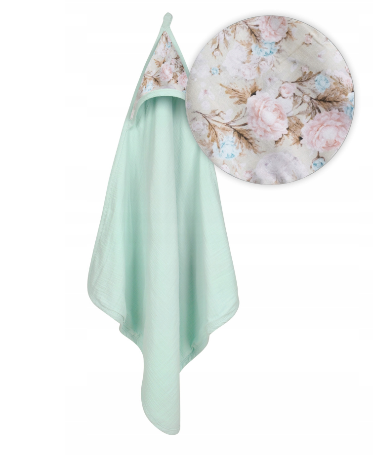 BabyMatex prosop de baie MUSLIN DESIGN cu gluga 85x85 cm Menta cu flori Imagine principală a produsului