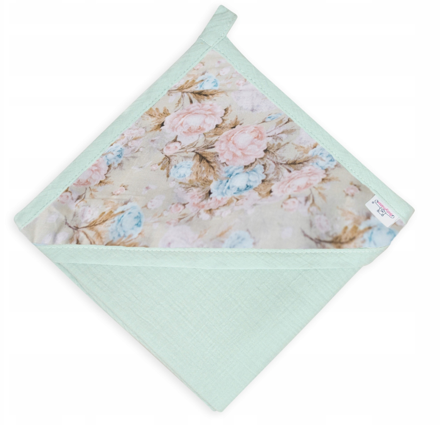 BabyMatex prosop de baie MUSLIN DESIGN cu gluga 85x85 cm Menta cu flori