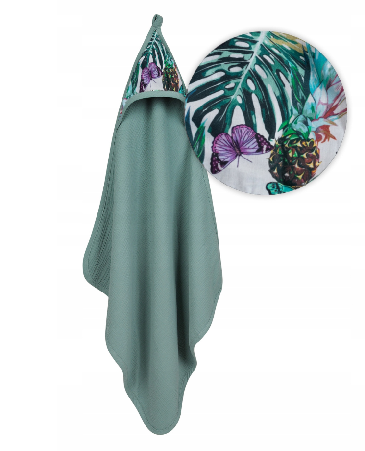 BabyMatex prosop de baie MUSLIN DESIGN cu gluga 85x85 cm Verde cu stil tropical Imagine principală a produsului