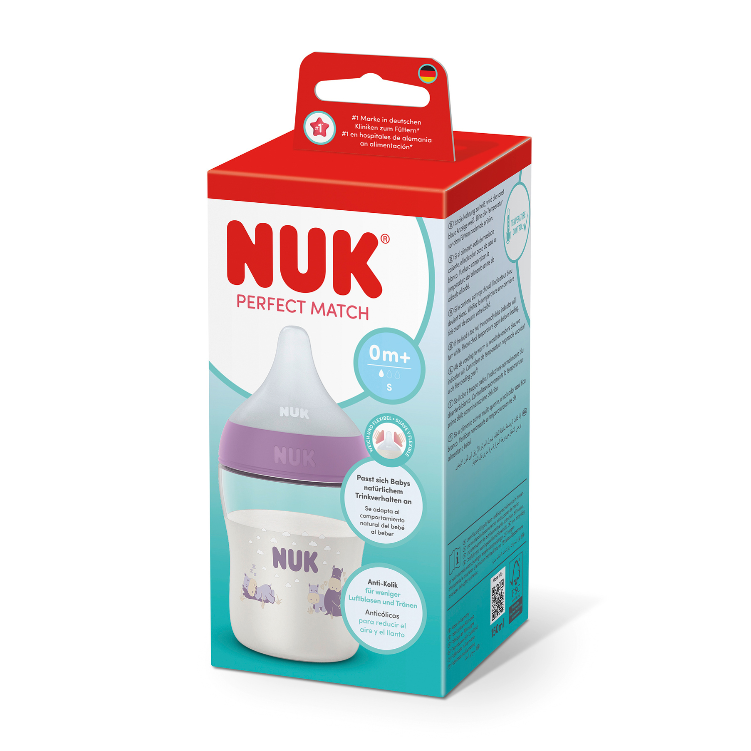 Nuk biberon Perfect Match cu tetina silicon S si senzor de temperatura 150 ml 0m+ Mov