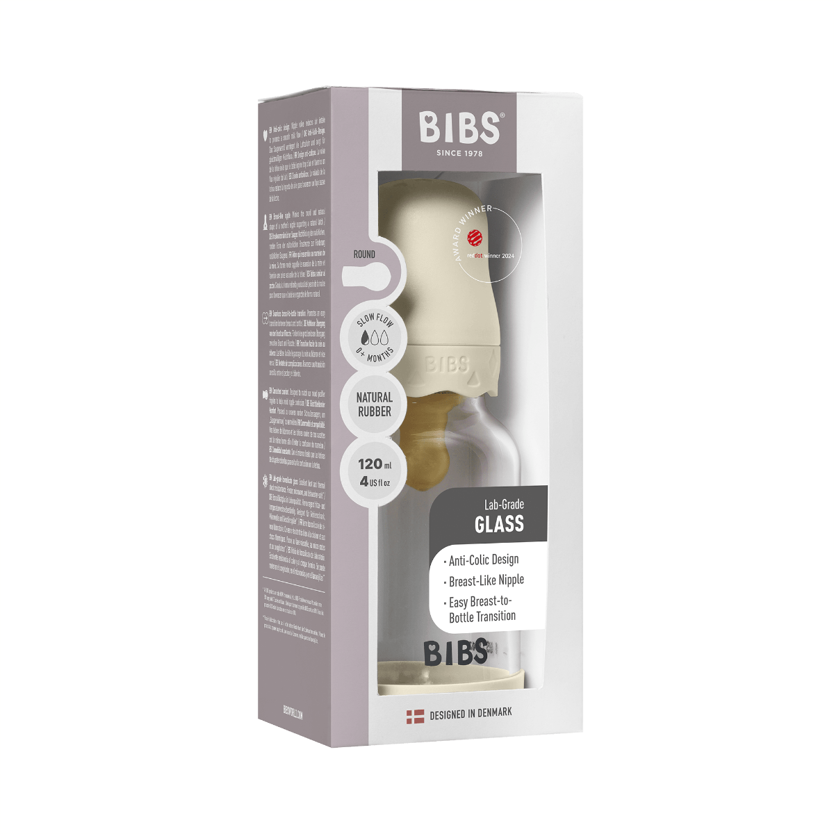 Bibs biberon sticla Boheme anticolici 120 ml cu teina latex flux lent 0m+ Ivory