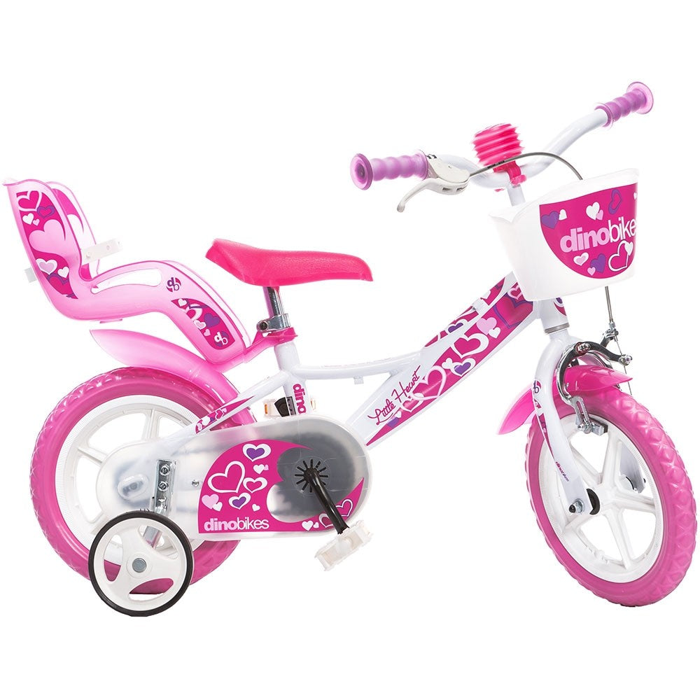 Dino Bikes bicicleta copii 12" pentru 3ani+ Little Heart alb si roz