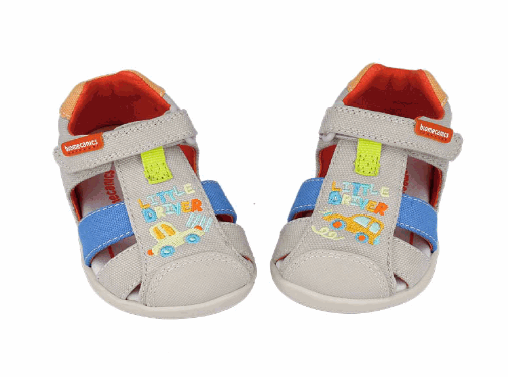 Biomecanics sandale baieti Barefoot din panza canvas 19-26 Pique Beige cu masina