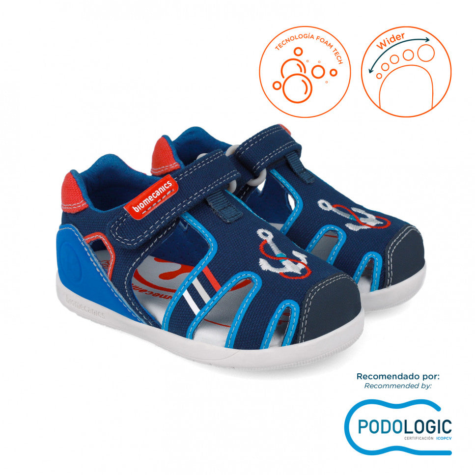 Biomecanics sandale baieti din panza Primii Pasi 19-23 Azul Marino cu ancora