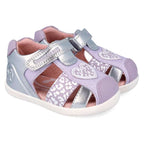 Biomecanics sandale fete Barefoot Primii Pasi 19-26 Metalcris Platino y Lila cu inimioara