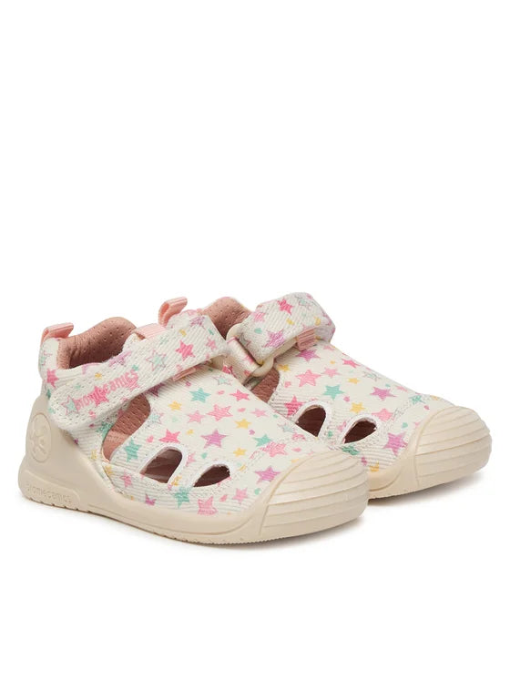 Biomecanics sandale fete Barefoot din panza canvas 18-24 Lurex Blanco cu stelute