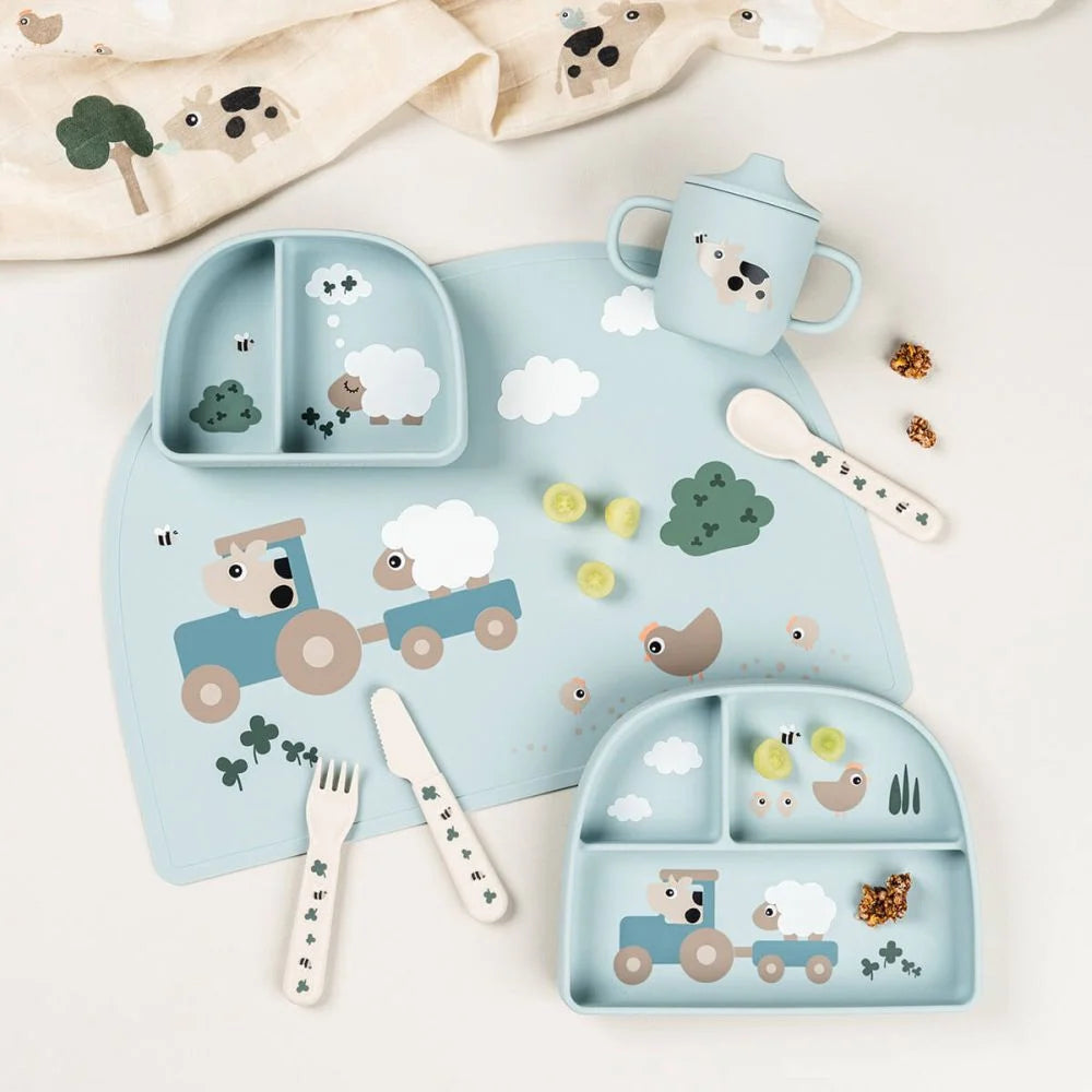 Done by Deer cana de antrenament silicon cu doua manere 0m+ Tiny Farm Blue