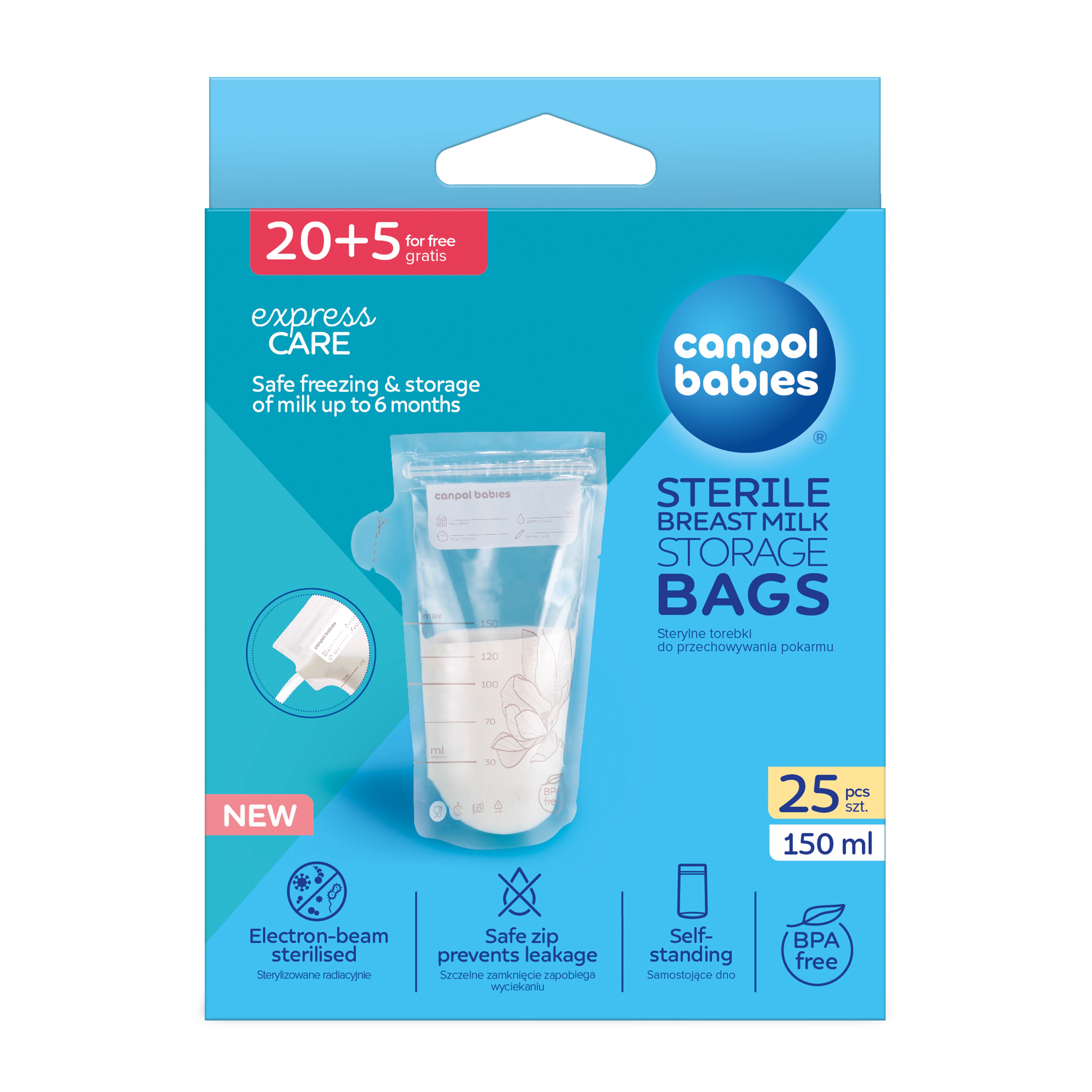 Canpol Babies pungi pentru depozitarea laptelui matern 150 ml 25 buc Imagine principală a produsului