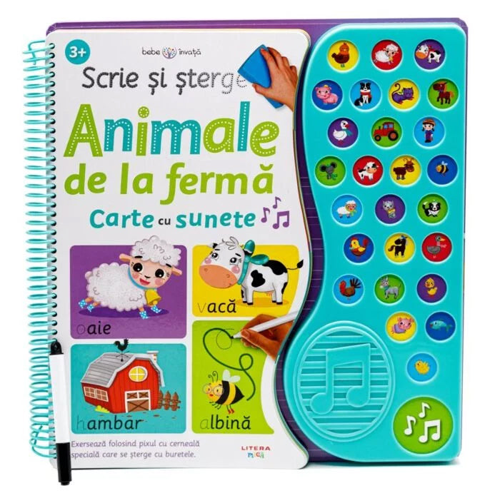 carturesti carte cu sunete 3 ani scrie si sterge animale de la ferma