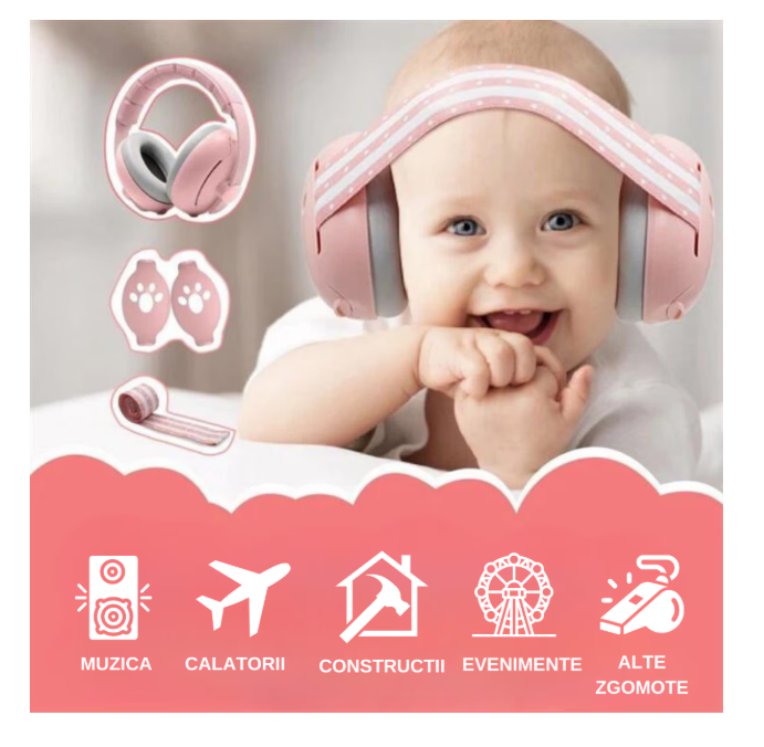 Casti antifonice pentru bebelusi 0-36 luni Roz cu labute