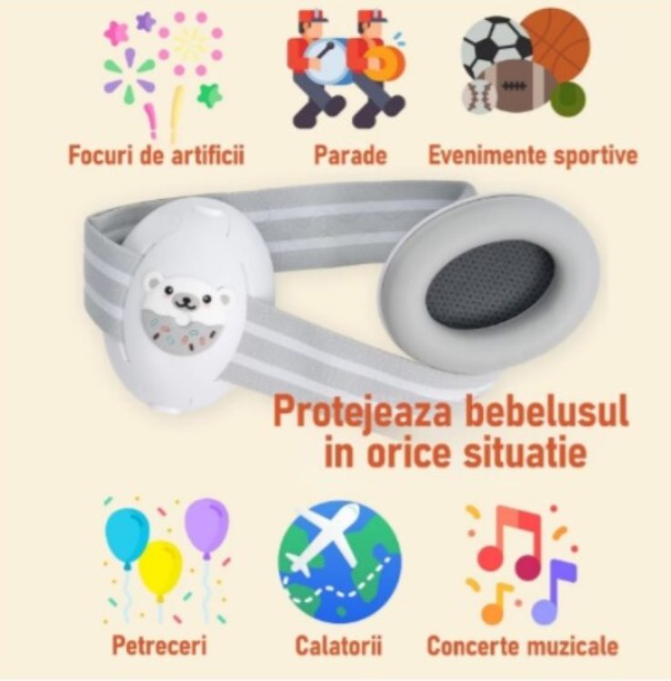 Casti antifonice pentru bebelusi 0-48 luni Gri cu urs polar