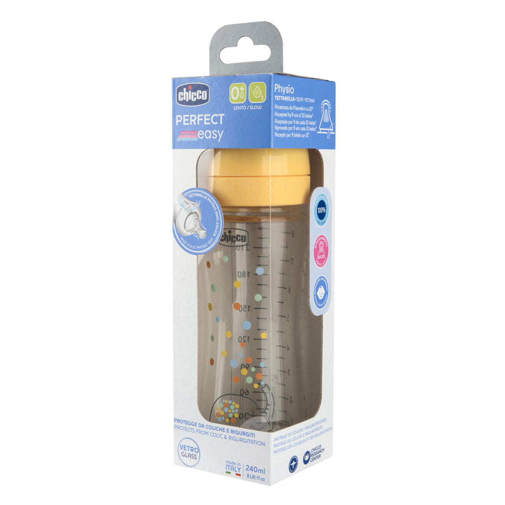 Chicco biberon sticla anti-colic Perfect Easy 240 ml 1/0m+ Unisex galben cu elefant