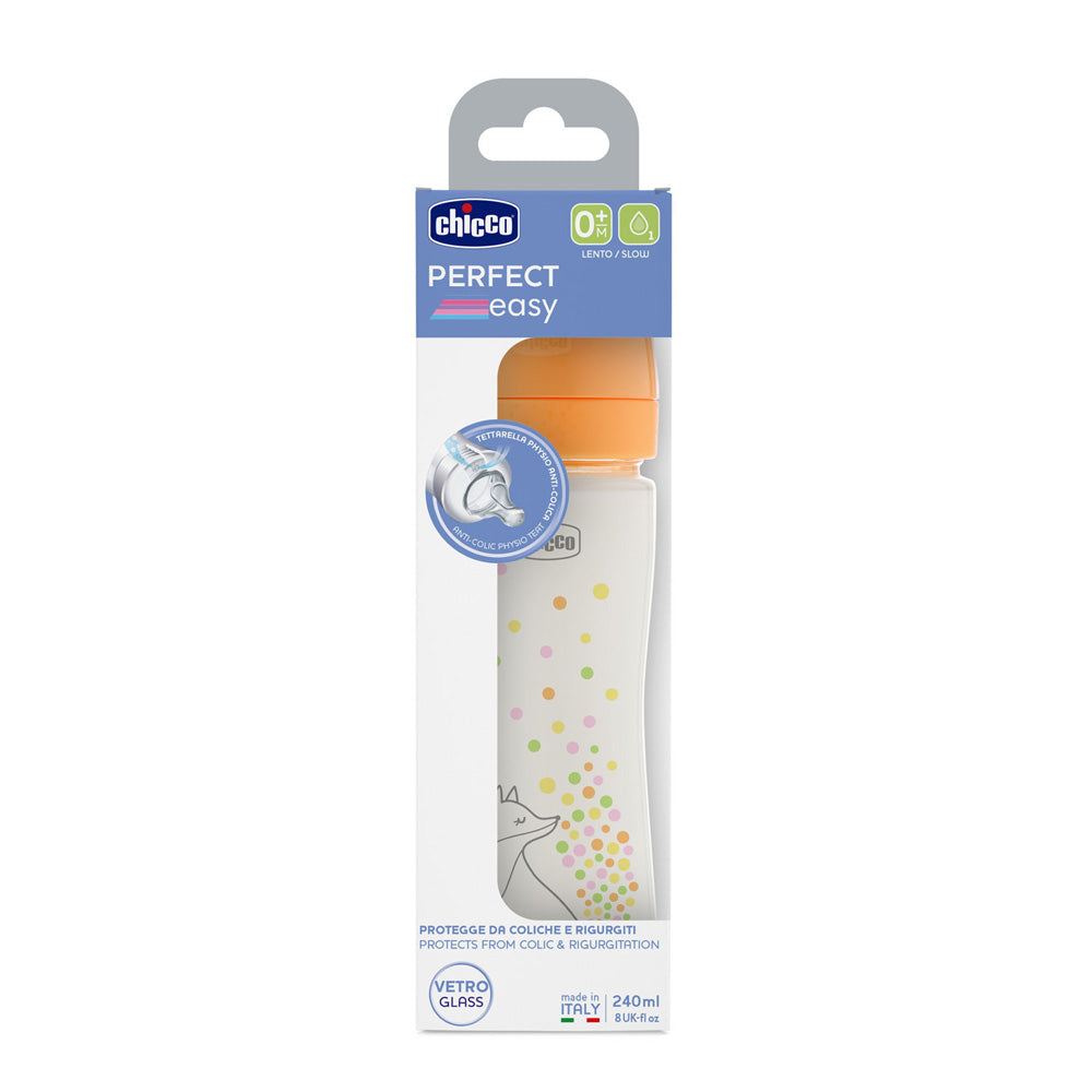 Chicco biberon sticla anti-colic Perfect Easy 240 ml 1/0m+ Portocaliu cu vulpe
