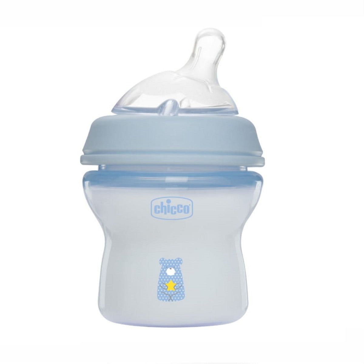 Chicco biberon Natural Feeling 150 ml cu tetina silicon 0m+ Albastru cu ursulet Imagine principală a produsului