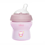 Chicco biberon Natural Feeling 150 ml cu tetina silicon 0m+ Roz cu bufnita