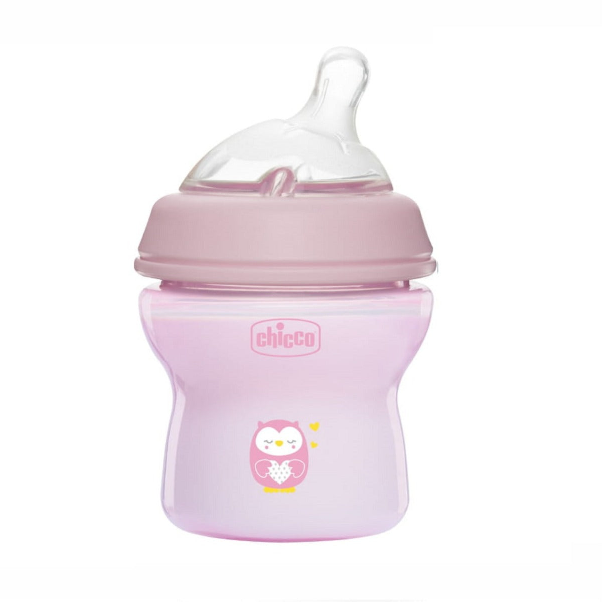 Chicco biberon Natural Feeling 150 ml cu tetina silicon 0m+ Roz cu bufnita