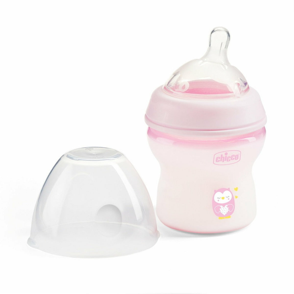 Chicco biberon Natural Feeling 150 ml cu tetina silicon 0m+ Roz cu bufnita