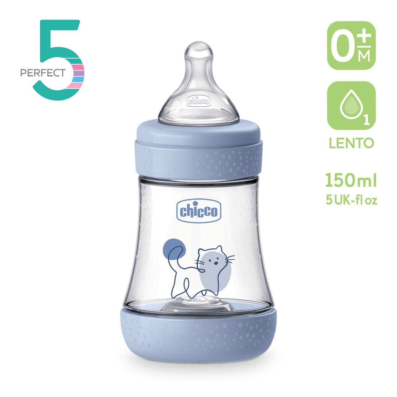 Chicco biberon Perfect 5 cu tetina silicon flux lent 150 ml 0m+ Boy-Albastru cu pisica Imagine secundară a produsului