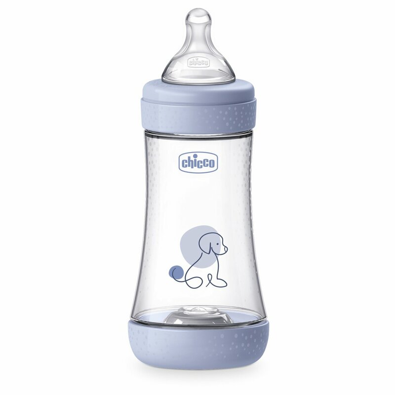 Chicco biberon Perfect 5 cu tetina silicon flux mediu 240 ml 2m+ Boy-Albastru cu catel Imagine principală a produsului