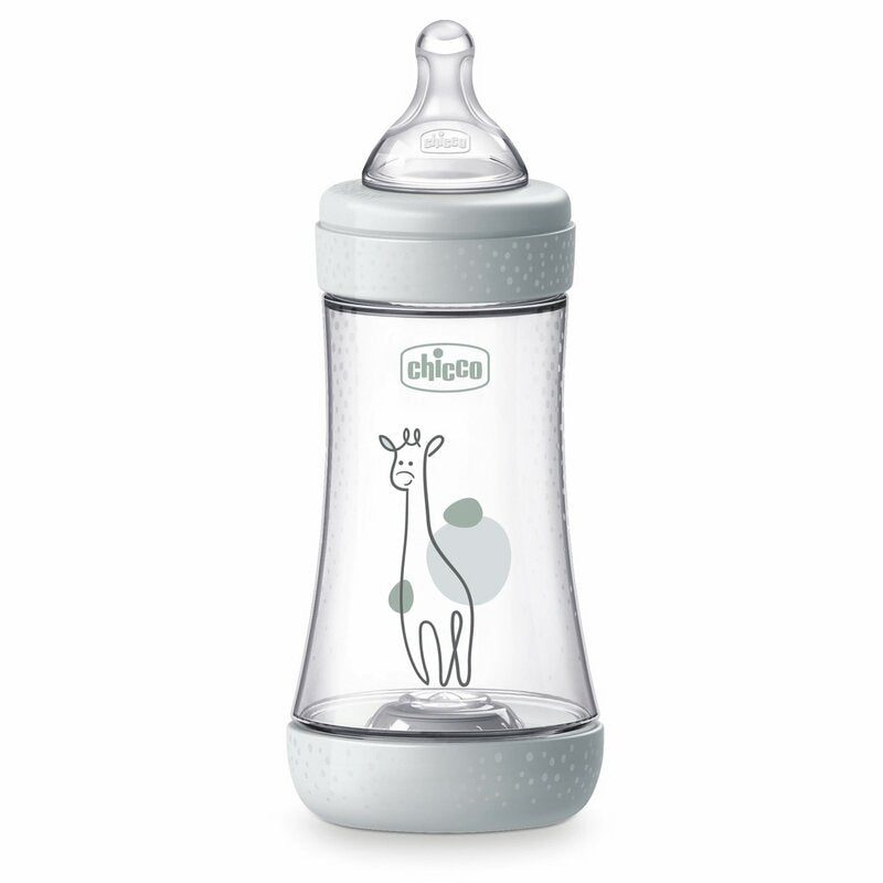 Chicco biberon Perfect 5 cu tetina silicon flux mediu 240 ml 2m+ Unisex-Gri cu girafa