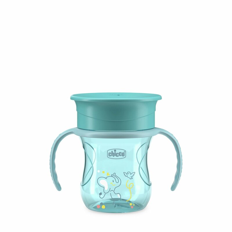 Chicco canita de baut cu maner Perfect Cup 360° 200 ml 12m+ Albastru-verzui cu elefant