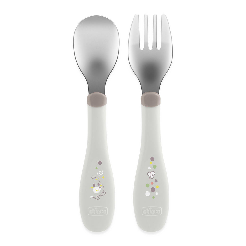 Chicco set lingurita si furculita inox 18m+ Grey
