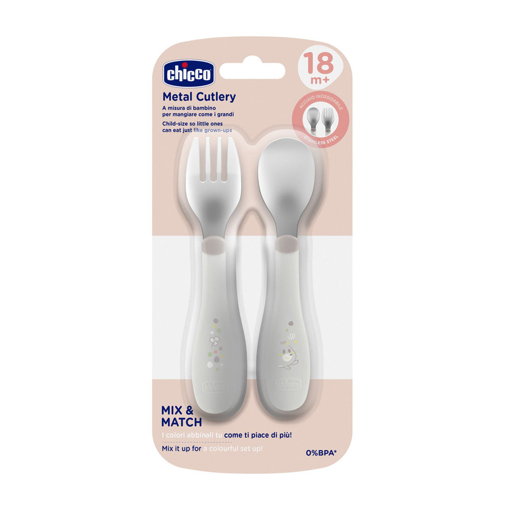 Chicco set lingurita si furculita inox 18m+ Grey