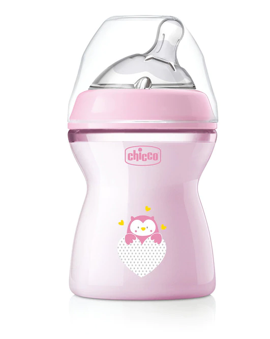 Chicco biberon Natural Feeling 250 ml cu tetina silicon 2m+, Bufnita roz Imagine principală a produsului