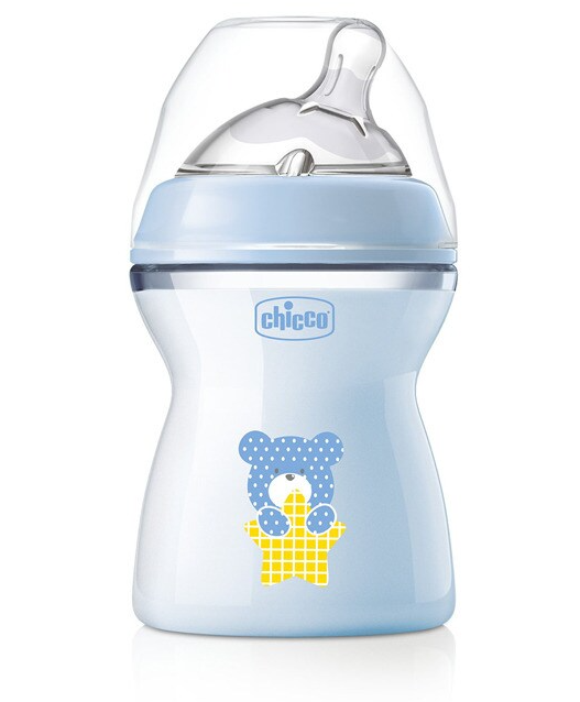 Chicco biberon Natural Feeling 250 ml cu tetina silicon 2m+, Ursulet albastru