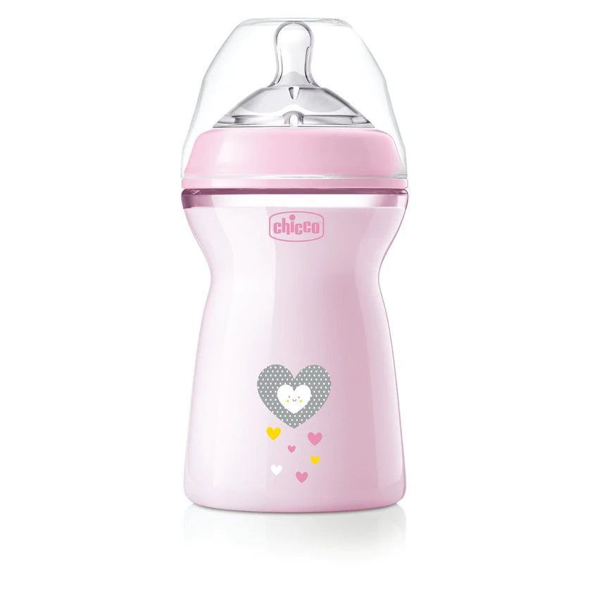 Chicco biberon Natural Feeling tetina silicon flux rapid 330 ml 6m+ Roz cu inimioare Imagine principală a produsului
