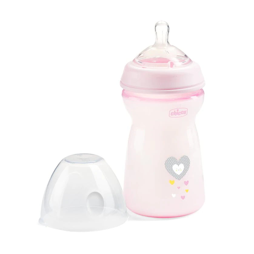 Chicco biberon Natural Feeling tetina silicon flux rapid 330 ml 6m+ Roz cu inimioare