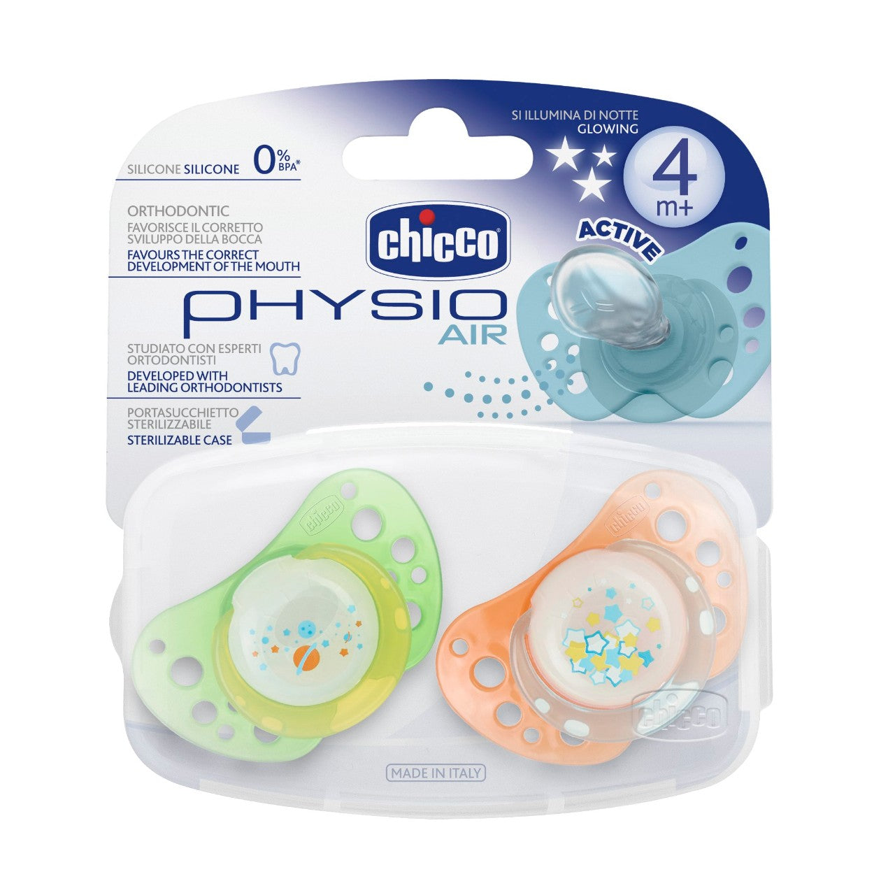 Chicco Suzeta silicon Physio Air 2 buc.pentru 4m+  Verde cu portocaliu