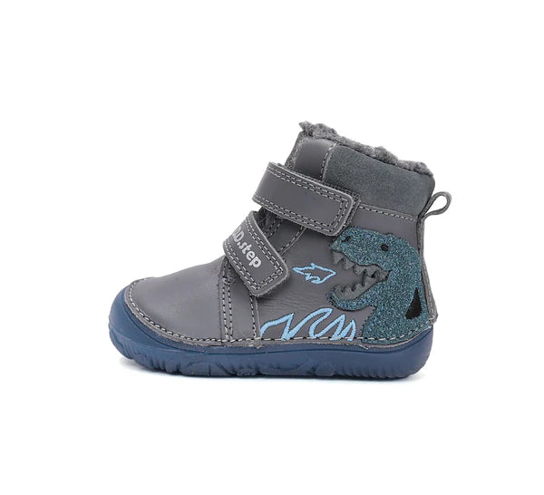 D.D.Step ghete baieti Barefoot imblanite cu talpa fluorescenta 20-25 Dark Grey cu dino