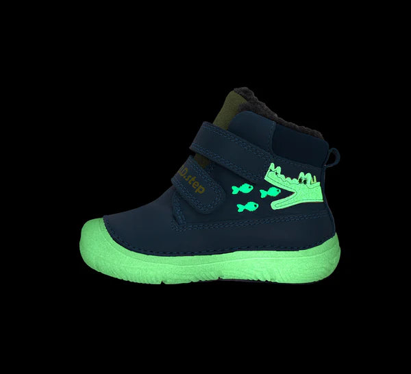 D.D.Step ghete baieti imblanite cu talpa fluorescenta 20-25 Bermuda Blue cu crocodil si pesti