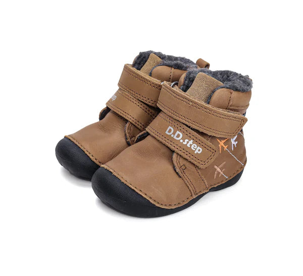 D.D.Step ghete baieti Primii pasi imblanite 19-24 Chocolate cu avioane